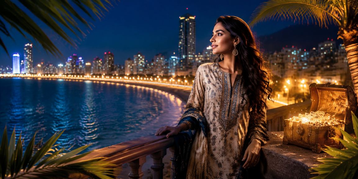 Night view of Mumbai Marine Drive with entertainment and casino-style neon lights